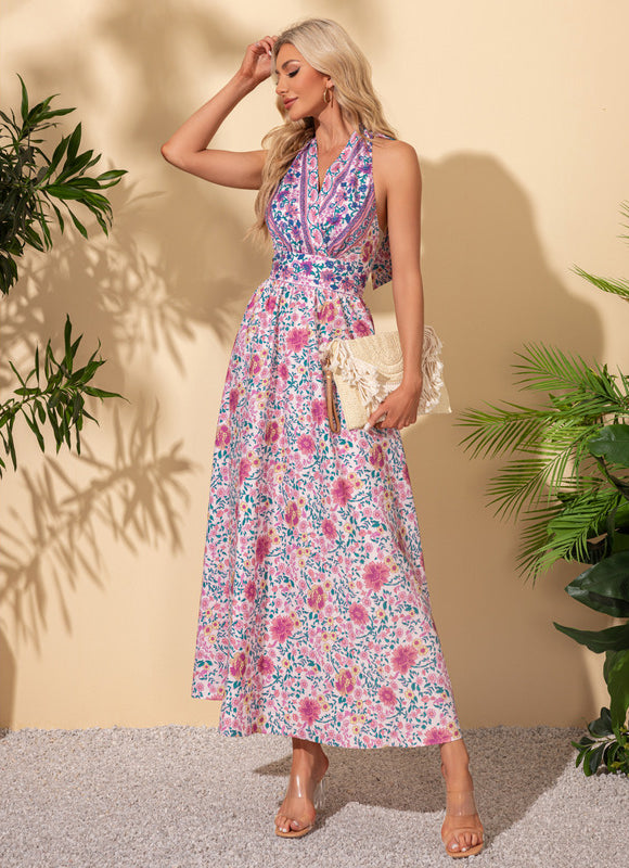 Robe imprimé fleur licou trapèze polyester maxi - gallery 1
