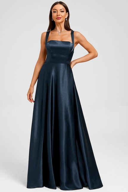 Trapèze col droit longueur ras du sol satin extensible robe de bal avec nœud - gallery 4