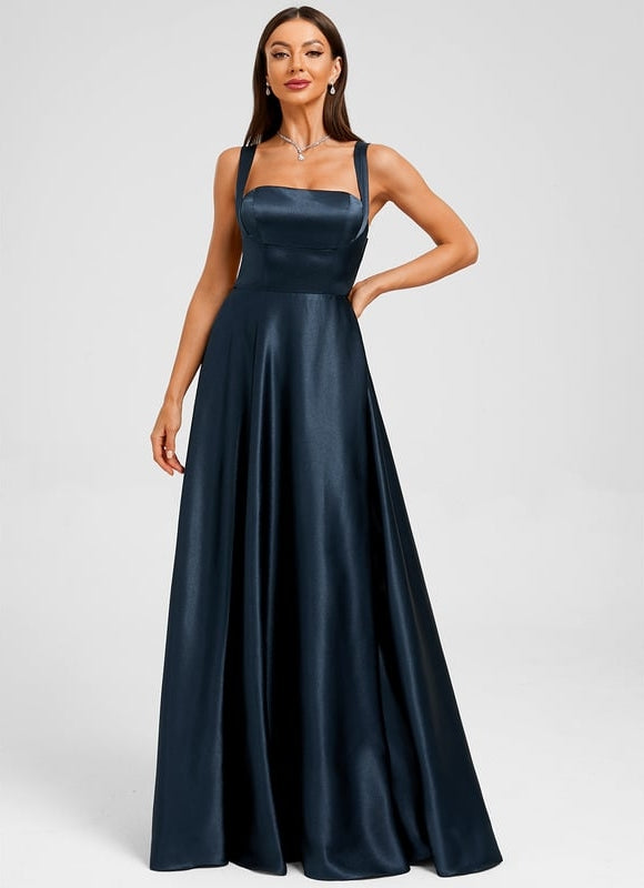 Trapèze col droit longueur ras du sol satin extensible robe de bal avec nœud - gallery 4