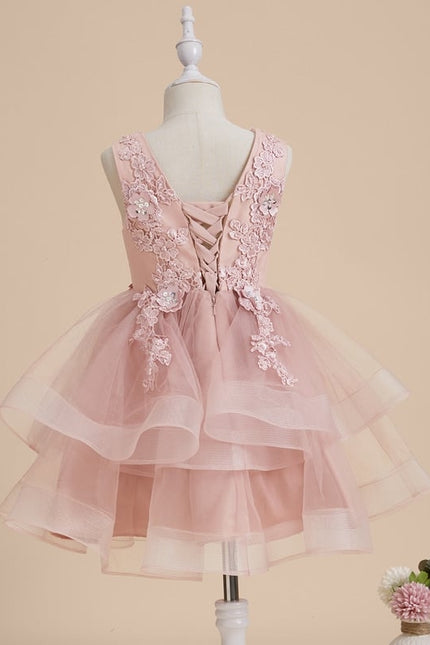 Trapèze col v longueur genou dentelle/tulle robes fille mariage avec perles/paillettes/motif floral 3d - gallery 9