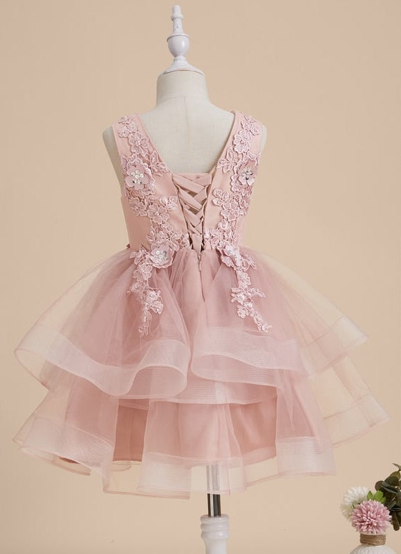 Trapèze col v longueur genou dentelle/tulle robes fille mariage avec perles/paillettes/motif floral 3d - gallery 9