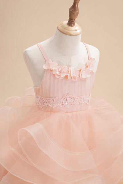 Princesse col rond longueur genou tulle robes fille mariage avec motif floral 3d - gallery 4