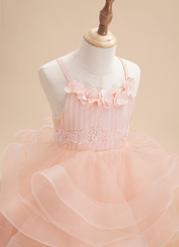 Princesse col rond longueur genou tulle robes fille mariage avec motif floral 3d - gallery 4