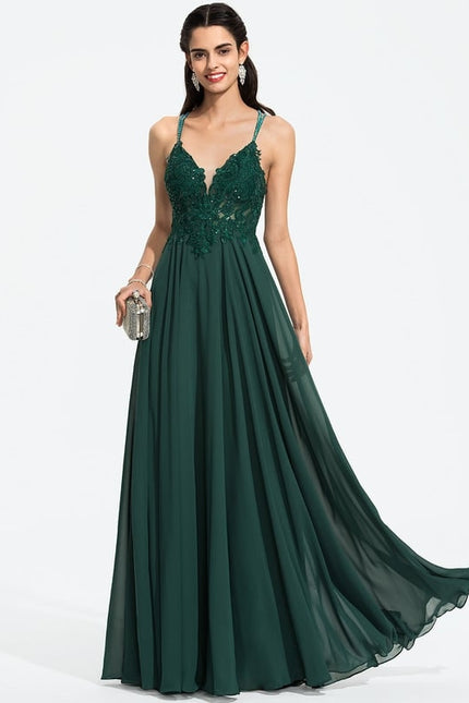 Trapèze col v longueur ras du sol mousseline robe de bal avec perles paillettes - gallery 9