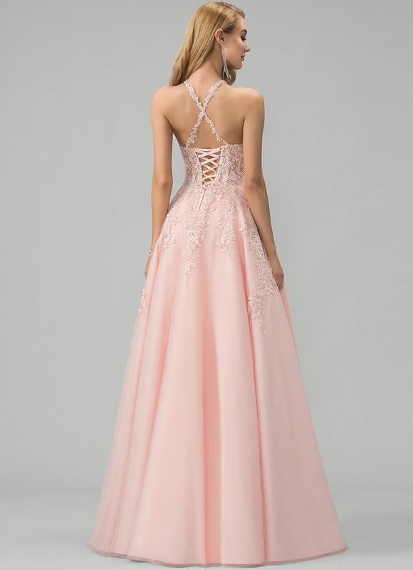 Princesse col rond longueur ras du sol tulle robe de bal avec perles paillettes - gallery 1