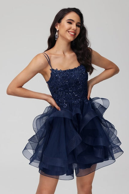 Princesse col rond court tulle dentelle robe de bal de promo avec paillettes - gallery 1