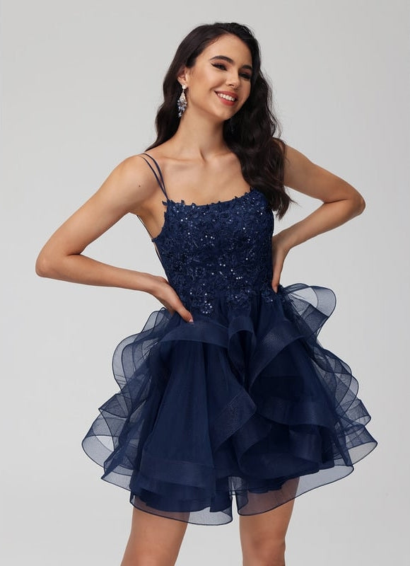 Princesse col rond court tulle dentelle robe de bal de promo avec paillettes - gallery 1