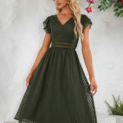 Robe à volants jacquard col v trapèze mousseline jacquard midi