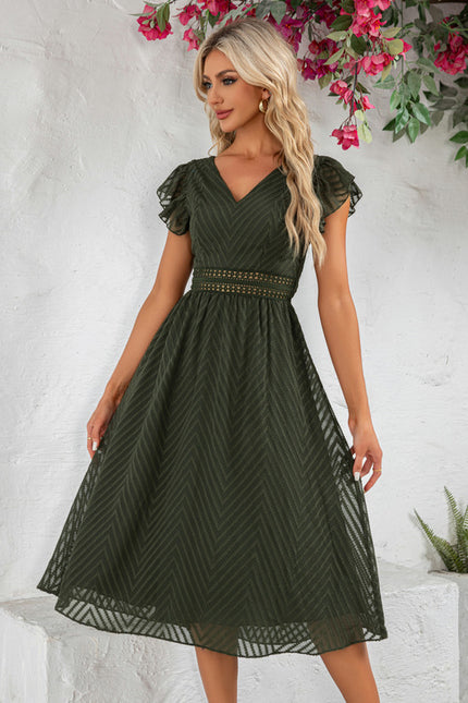 Robe à volants jacquard col v trapèze mousseline jacquard midi
