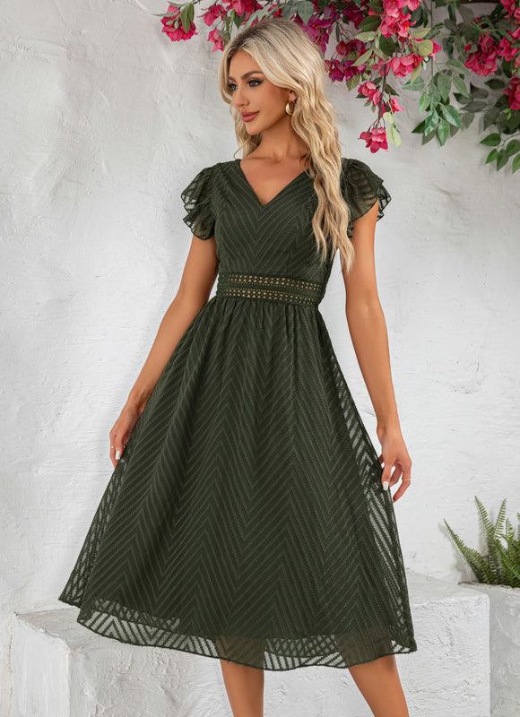 Robe à volants jacquard col v trapèze mousseline jacquard midi