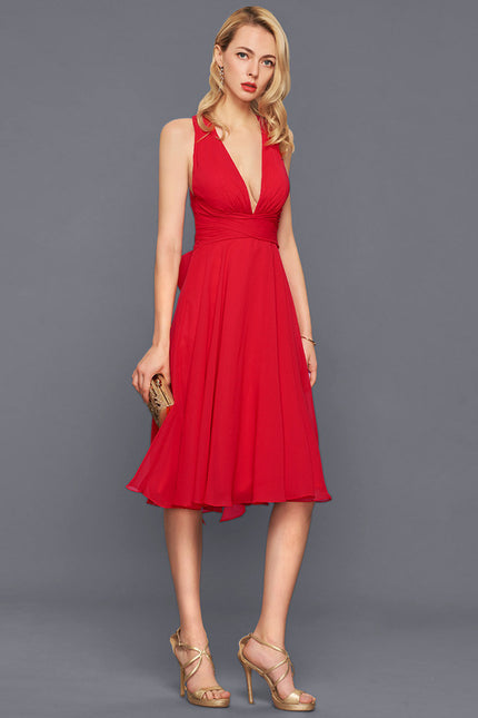 Trapèze col v longueur genou mousseline robe de cocktail avec nœud à volants - gallery 2