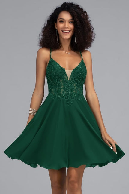 Trapèze col v court mousseline robe de bal de promo avec paillettes perles