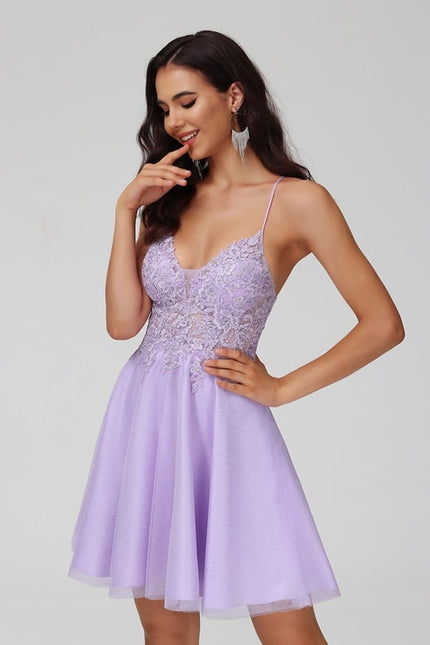 Trapèze col v court dentelle tulle robe de bal de promo avec perles - gallery 2