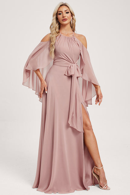 Trapèze décolleté épaules licou longueur ras du sol mousseline robe de demoiselle d'honneur - gallery 4