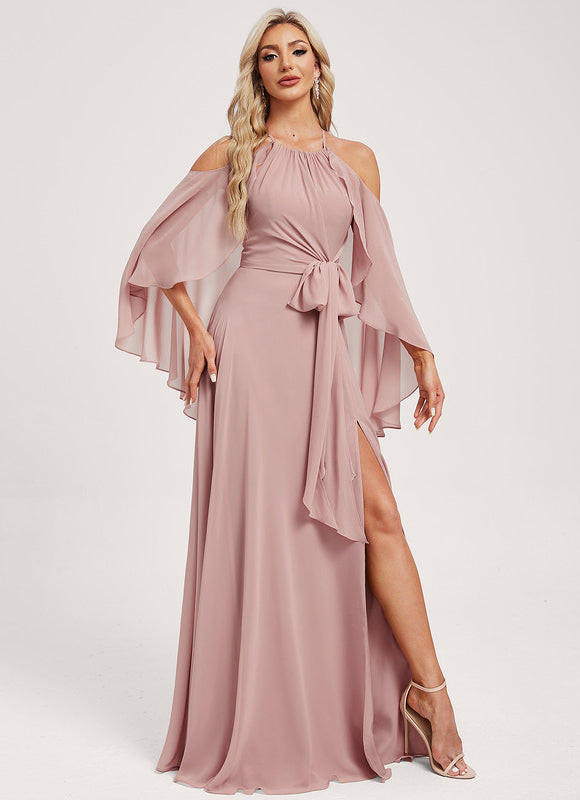 Trapèze décolleté épaules licou longueur ras du sol mousseline robe de demoiselle d'honneur - gallery 4