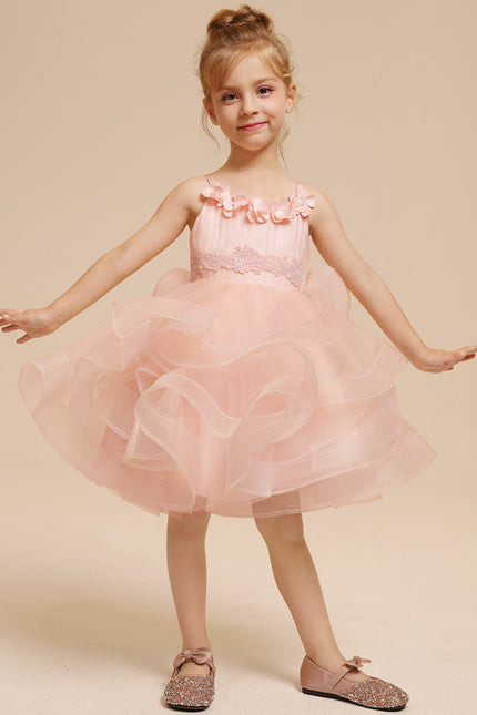 Princesse col rond longueur genou tulle robes fille mariage avec motif floral 3d - gallery 1