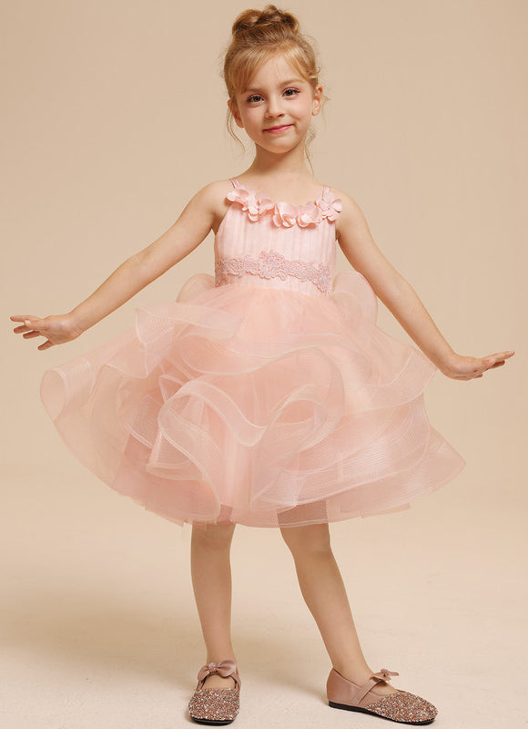 Princesse col rond longueur genou tulle robes fille mariage avec motif floral 3d - gallery 1