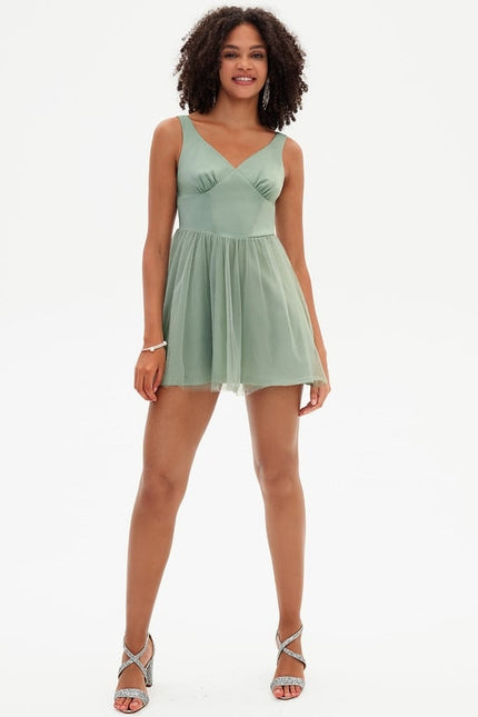 Trapèze col v mini tulle robe de bal de promo