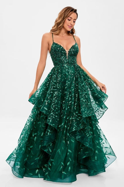 Princesse col v longueur ras du sol dentelle floral robe de bal avec paillettes - gallery 4