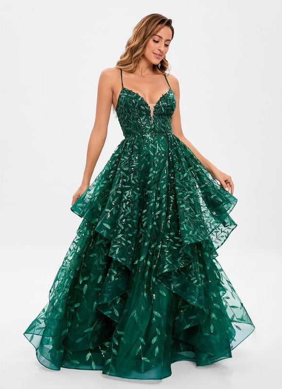 Princesse col v longueur ras du sol dentelle floral robe de bal avec paillettes - gallery 4