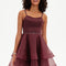 Trapèze col rond court organza robe de bal de promo avec perles paillettes