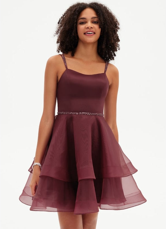 Trapèze col rond court organza robe de bal de promo avec perles paillettes