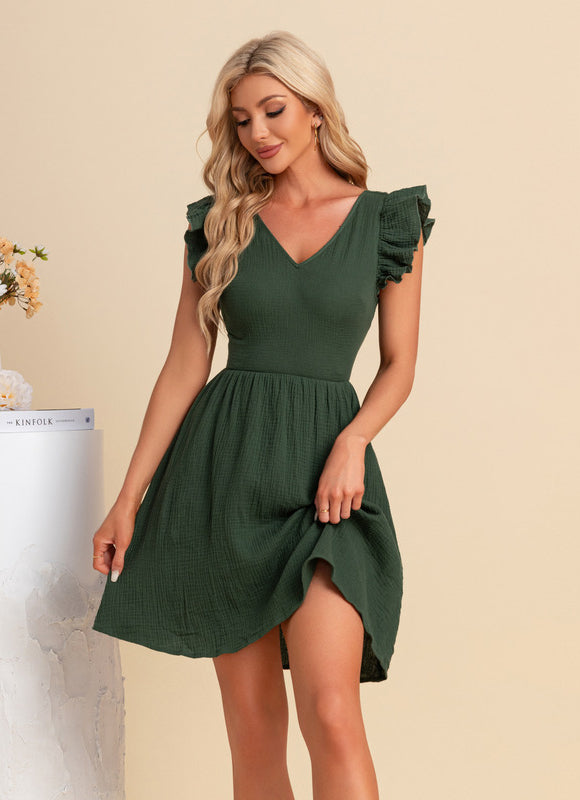 Robe nœud col v trapèze mélanges de coton mini - gallery 5