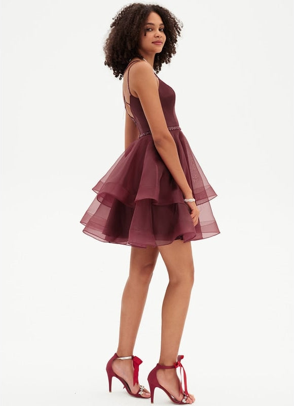 Trapèze col rond court organza robe de bal de promo avec perles paillettes - gallery 2