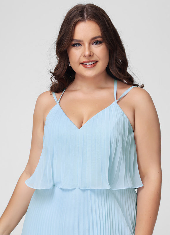 Trapèze col v longueur mollet mousseline robe de demoiselle d'honneur avec plissée - gallery 9