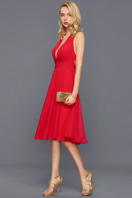 Trapèze col v longueur genou mousseline robe de cocktail avec nœud à volants - gallery 3