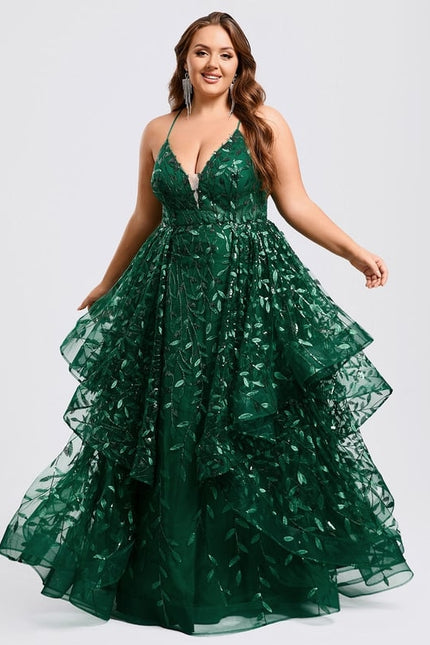 Princesse col v longueur ras du sol dentelle floral robe de bal avec paillettes - gallery 9