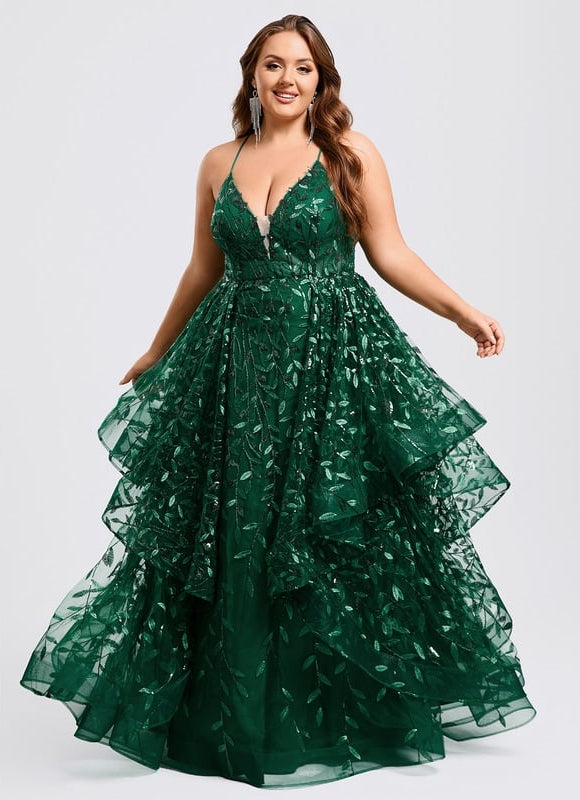 Princesse col v longueur ras du sol dentelle floral robe de bal avec paillettes - gallery 9