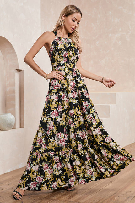 Robe imprimé fleur licou trapèze polyester maxi