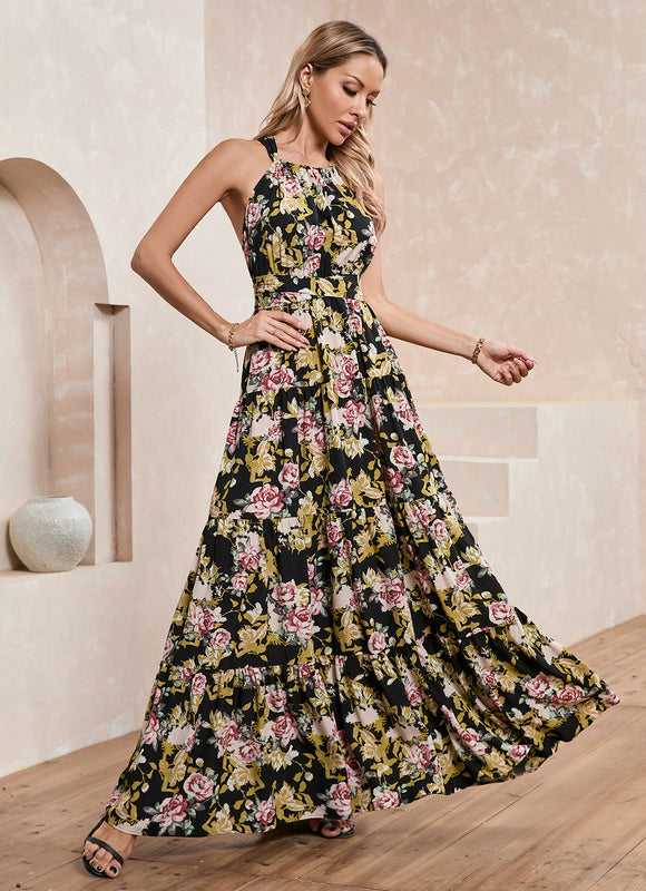 Robe imprimé fleur licou trapèze polyester maxi