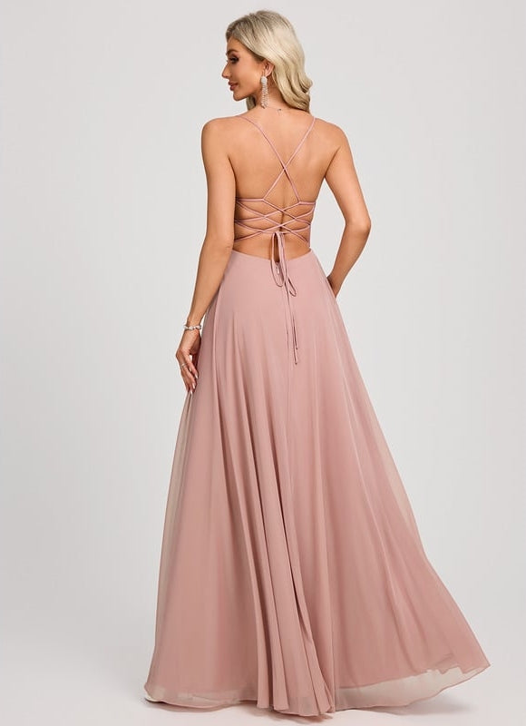 Trapèze col v longueur ras du sol mesh robe de bal avec plissée - gallery 4