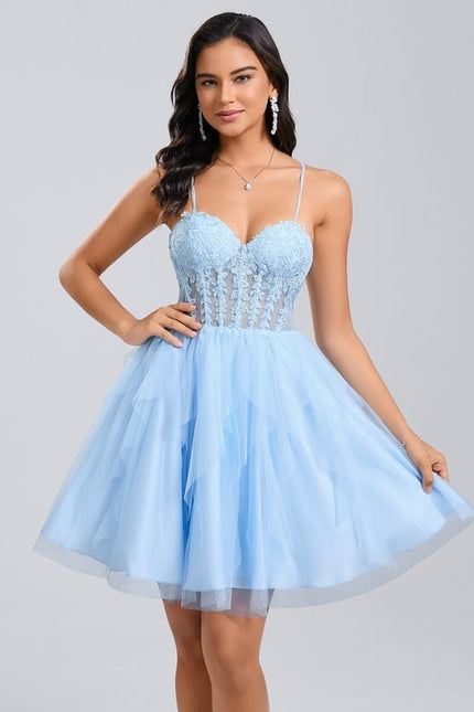 Princesse col cœur court tulle dentelle robe de bal de promo avec à volants