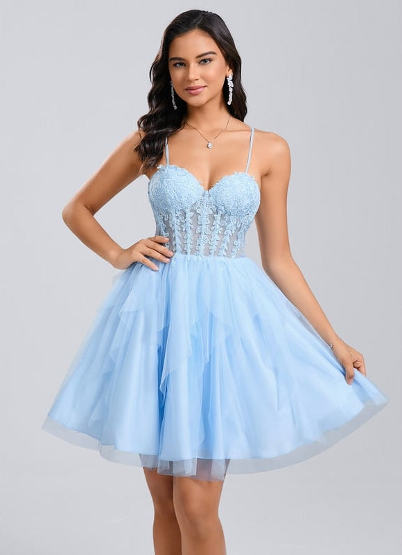 Princesse col cœur court tulle dentelle robe de bal de promo avec à volants