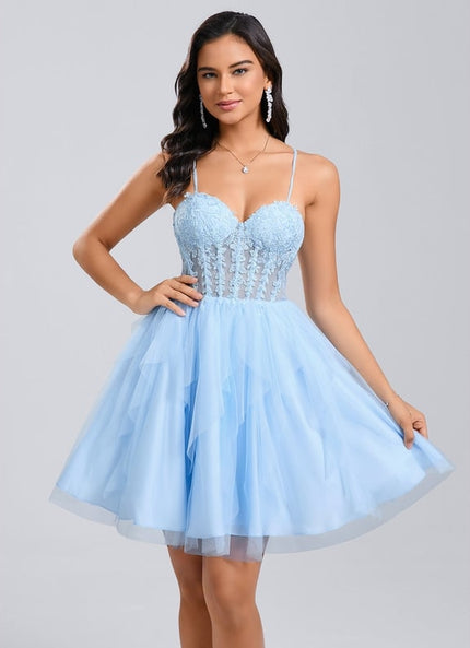 Princesse col cœur court tulle dentelle robe de bal de promo avec à volants