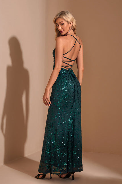 Robe col v sirène paillette maxi - gallery 1