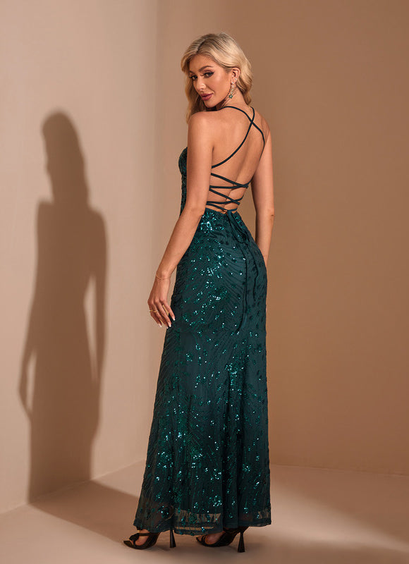 Robe col v sirène paillette maxi - gallery 1