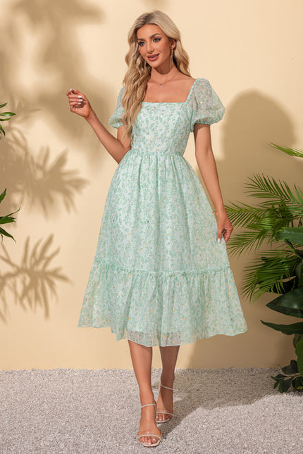 Robe nœud à volants imprimé fleur col carré trapèze mousseline midi