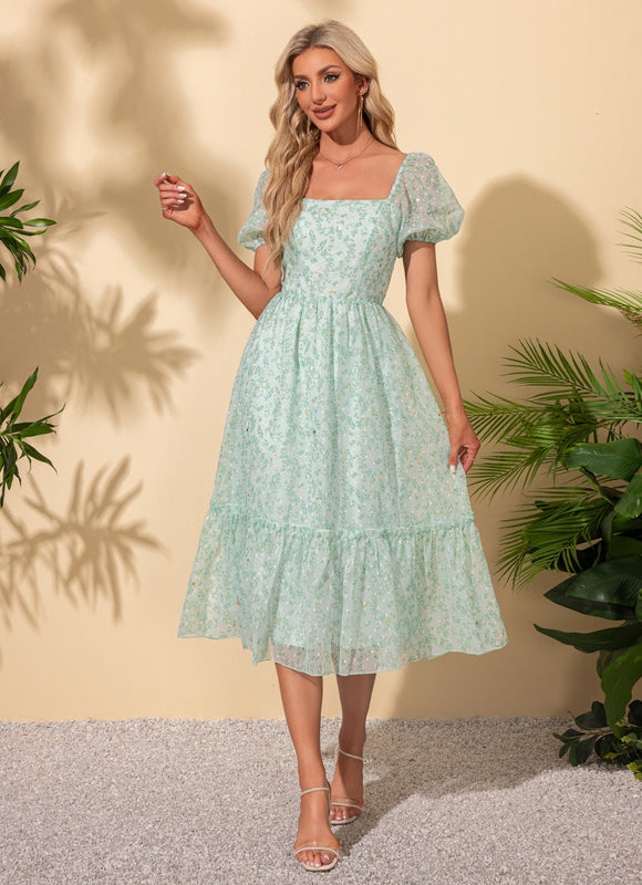 Robe nœud à volants imprimé fleur col carré trapèze mousseline midi