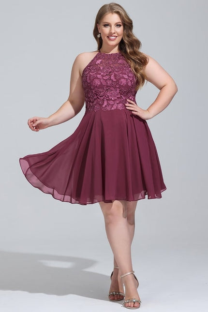 Trapèze col rond longueur genou mousseline robe de bal de promo avec perles - gallery 4