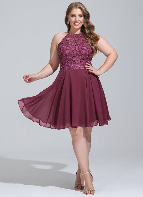 Trapèze col rond longueur genou mousseline robe de bal de promo avec perles - gallery 4