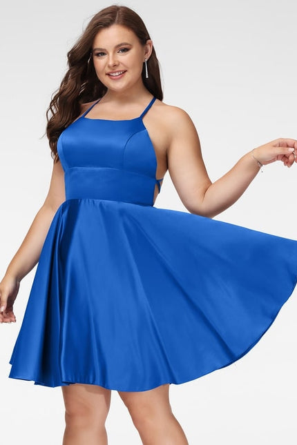 Trapèze col carré court satin robe de bal de promo - gallery 4
