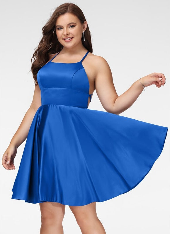 Trapèze col carré court satin robe de bal de promo - gallery 4