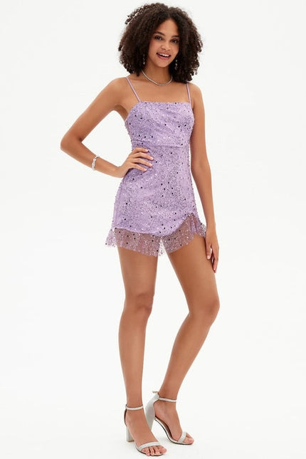 Fourreau col droit mini paillette robe de bal de promo avec paillettes perles - gallery 2
