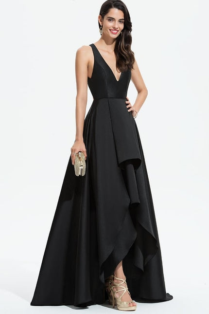 Trapèze col v asymétrique satin robe de demoiselle d'honneur - gallery 1