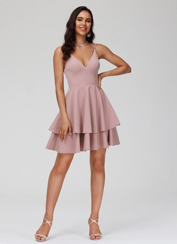 Trapèze col v court crêpe extensible robe de bal de promo - gallery 9