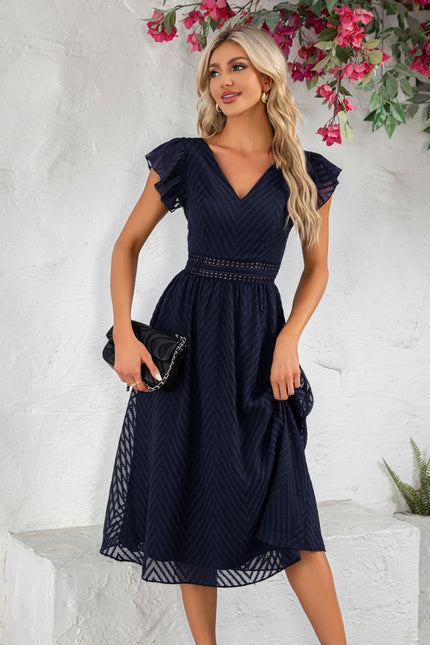 Robe à volants jacquard col v trapèze mousseline jacquard midi - gallery 9